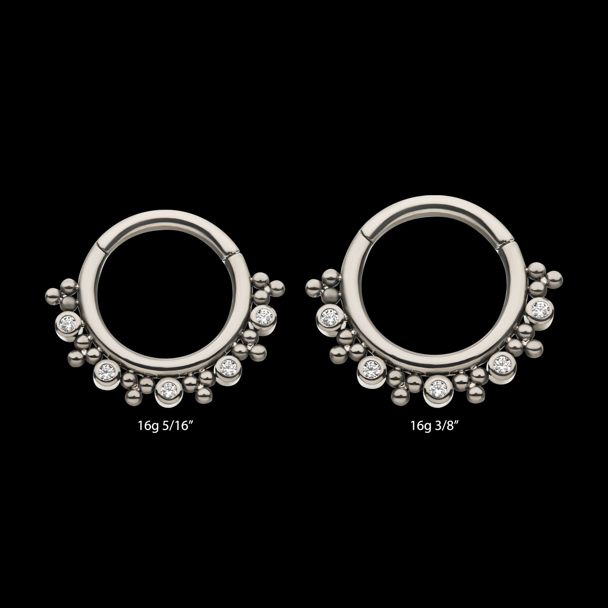 Alternating Bezel Set CZ & Trio Beads Cluster Front Facing Hinged Segment Clicker Hoop Earring / Nosering – Titanium