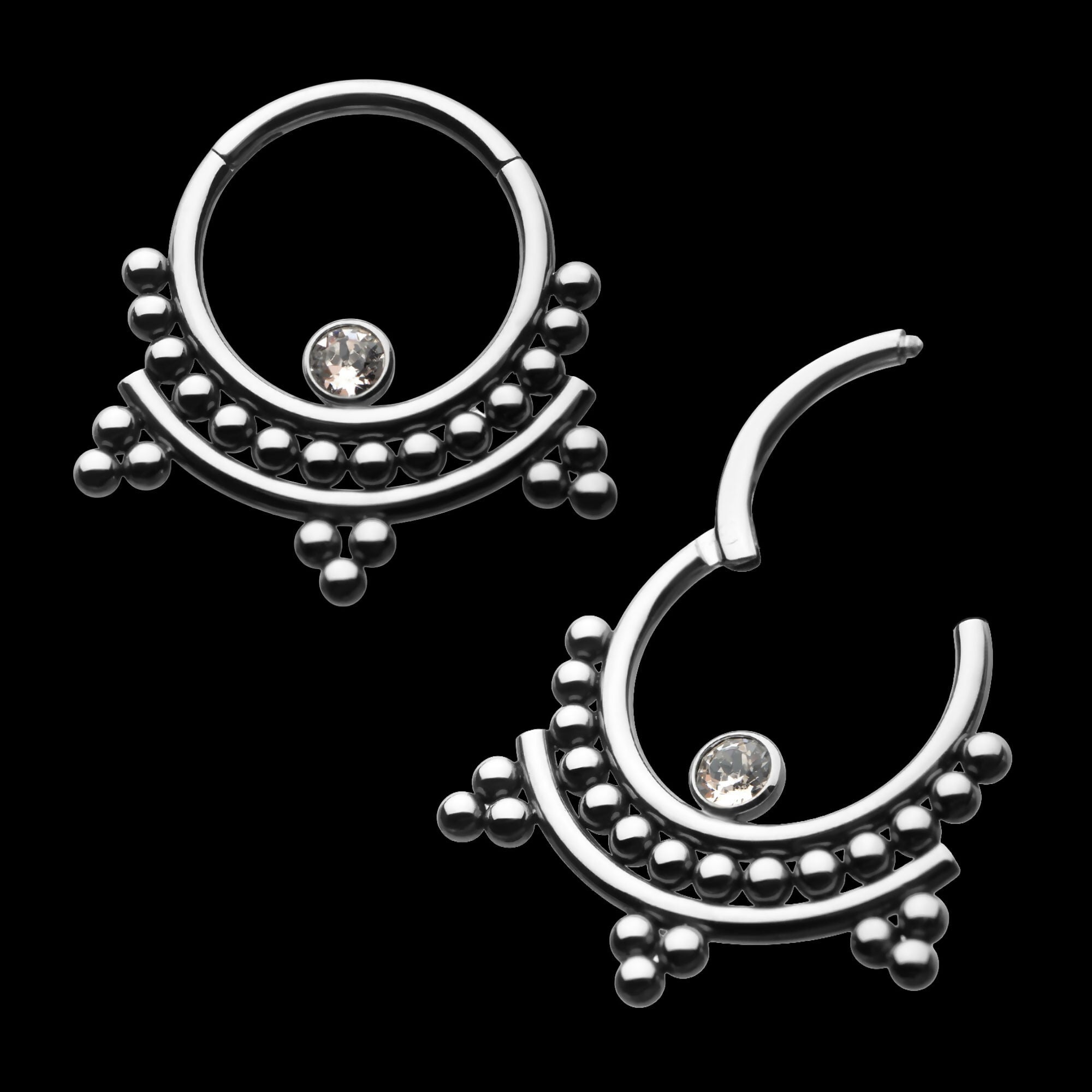 1 Bezel Set Gem Gem and Tri-Beads Clusters Hinged Segment Clicker Hoop Earring / Nosering – Titanium