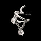 Prong Set Gem Open Stack Double Hoop with Gem Chain Dangle Hinged Segment Clicker Earring / Nosering – Titanium