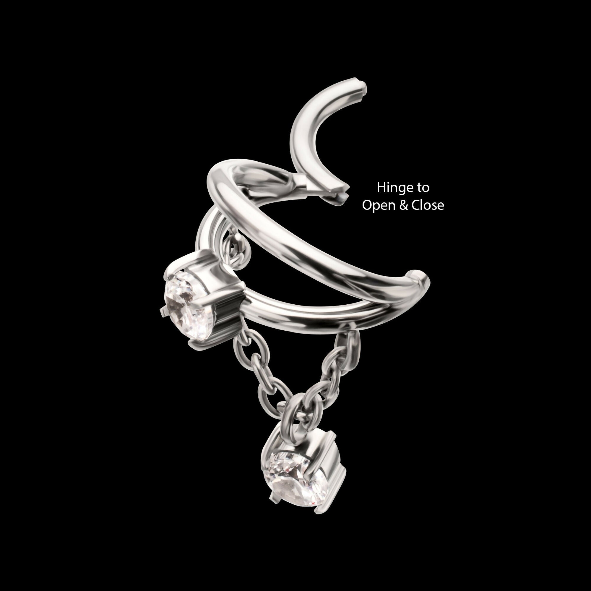 Prong Set Gem Open Stack Double Hoop with Gem Chain Dangle Hinged Segment Clicker Earring / Nosering – Titanium