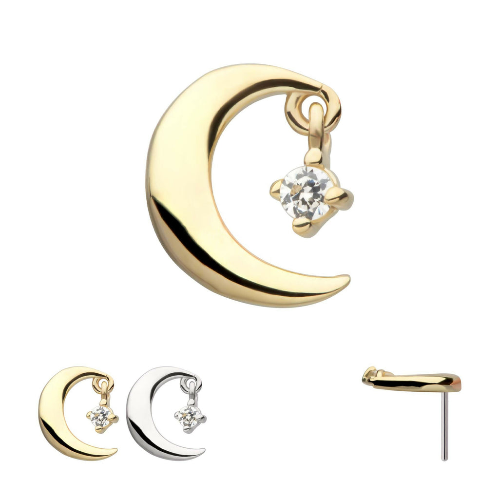 Crescent Moon with Prong Set Gem Dangle Flatback Stud Earring / Nosering - Gem in 14Kt Gold