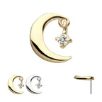 Crescent Moon with Prong Set Gem Dangle Flatback Stud Earring / Nosering - Gem in 14Kt Gold