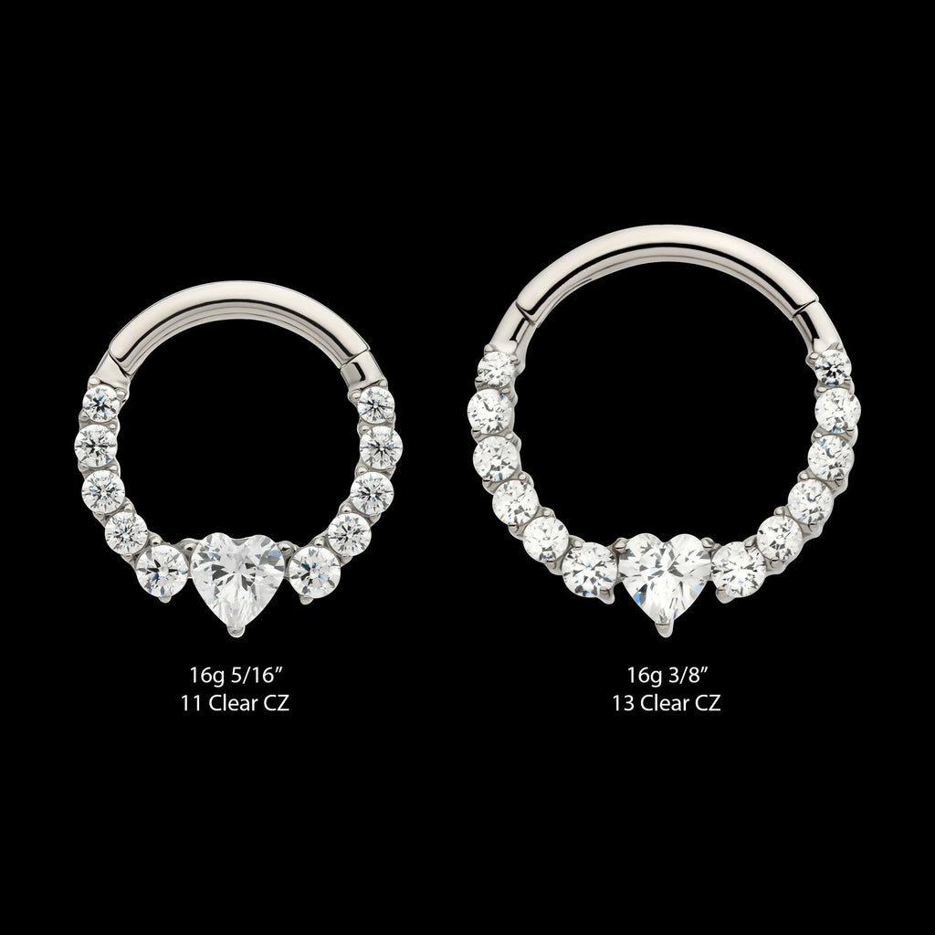Clustered Prong Set Round CZ with Center Heart CZ Front Facing Hinged Segment Clicker Hoop Earring / Nosering – Titanium