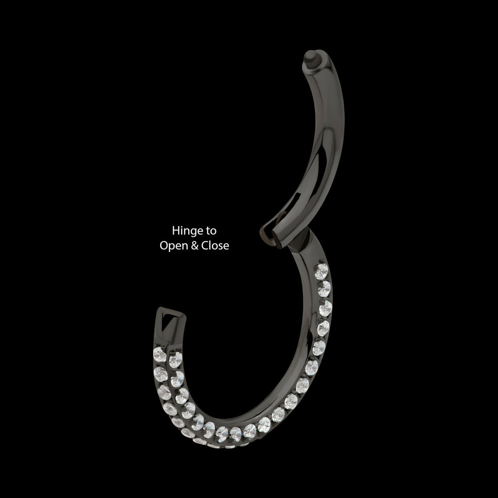 Black PVD Titanium 3 Row Pave Set 0.8mm Round Gem Hinged Segment Clicker Hoop Earring / Nosering