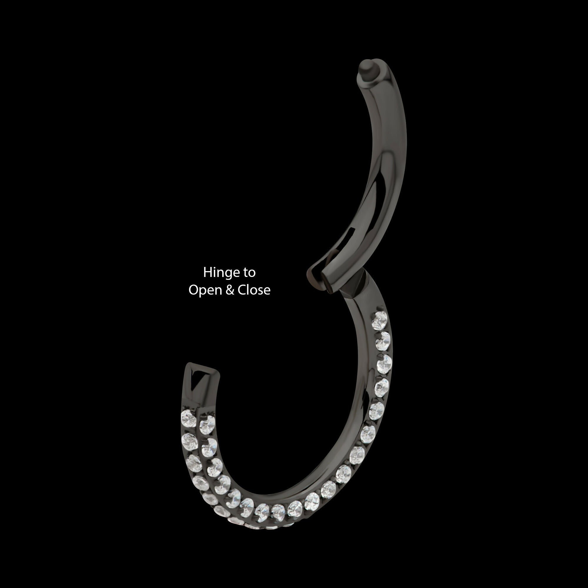 Black PVD Titanium 3 Row Pave Set 0.8mm Round Gem Hinged Segment Clicker Hoop Earring / Nosering