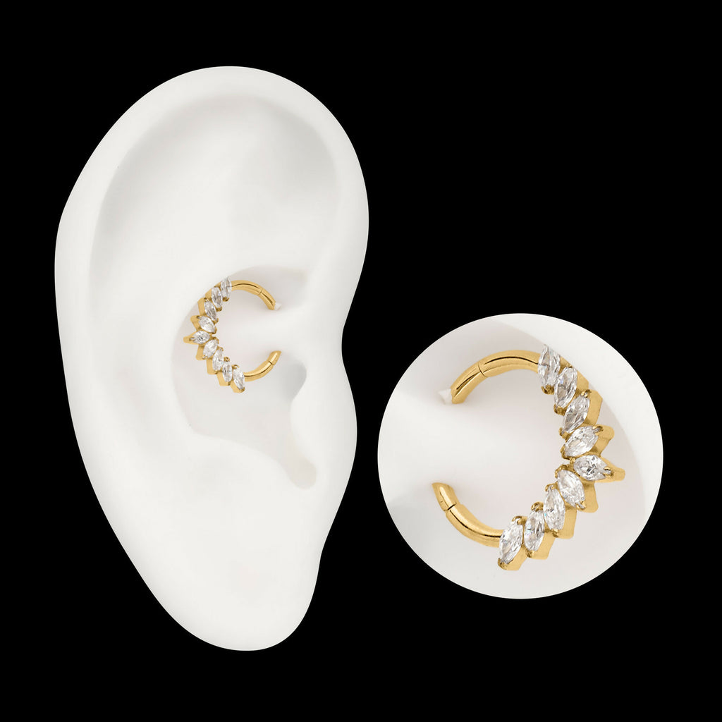 24Kt Gold PVD Titanium 9 Gem Marquise Cluster Front Facing Hinged Segment Clicker Hoop Earring / Nosering