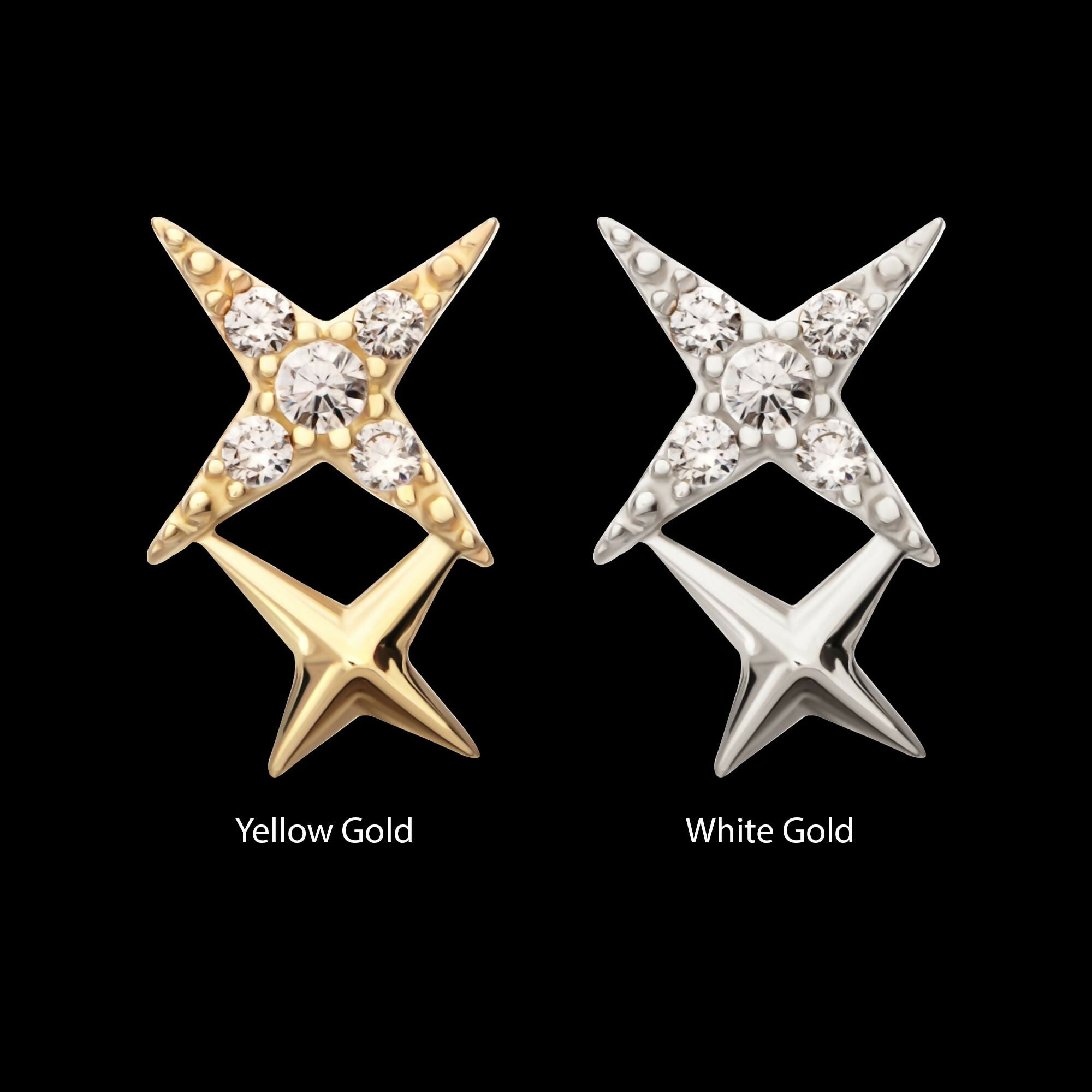 14Kt Gold Threadless Pave Set Round Gem Double Celestial Star Top