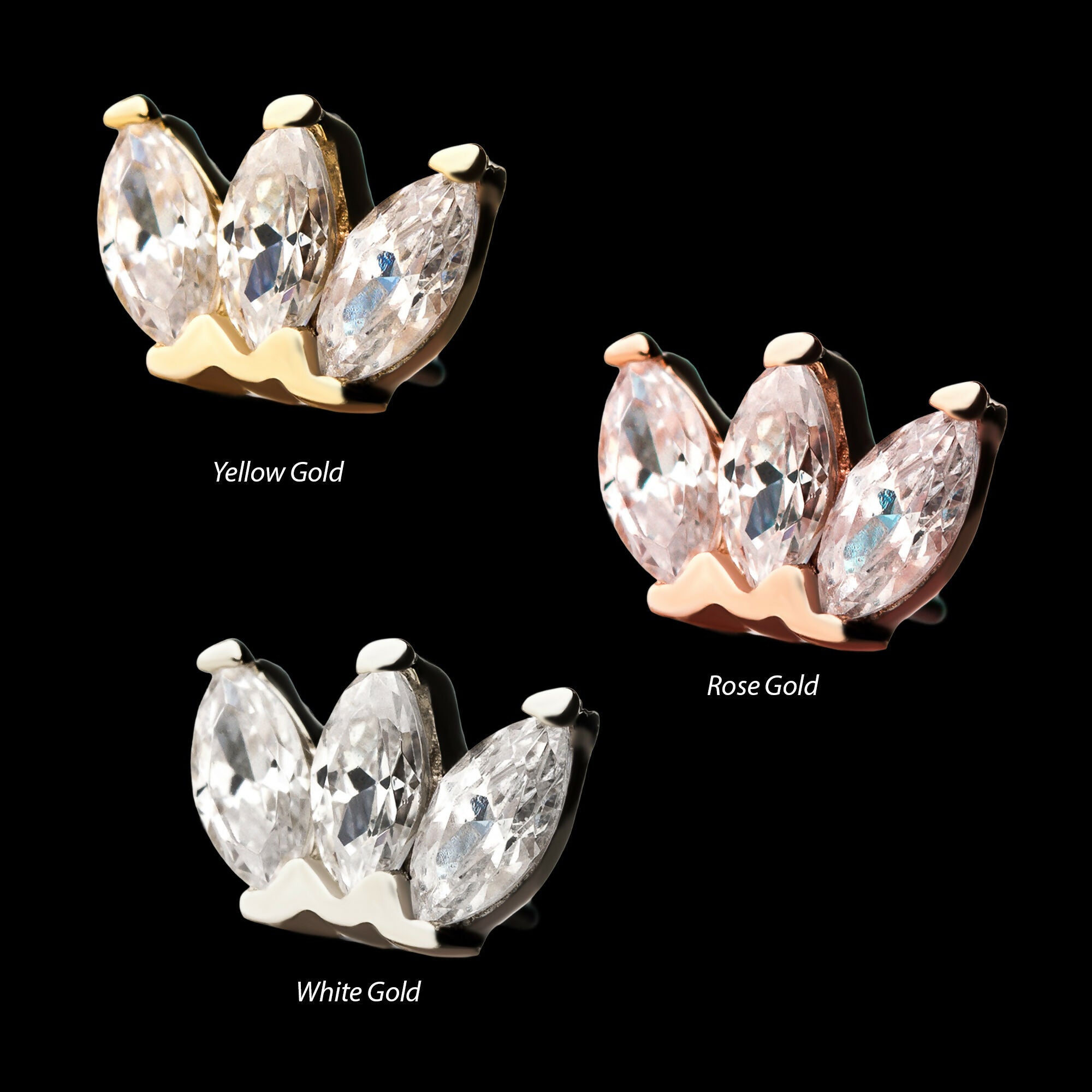 14Kt Gold with Triple Marquise Cluster Threadless Tops