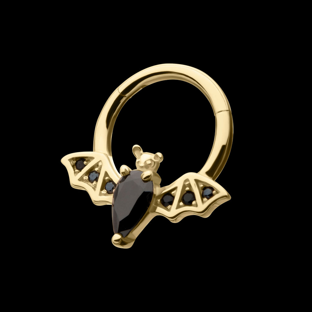 14Kt Gold Flying Bat with Prong Set Black Gem Front Facing Hinged Segment Clicker