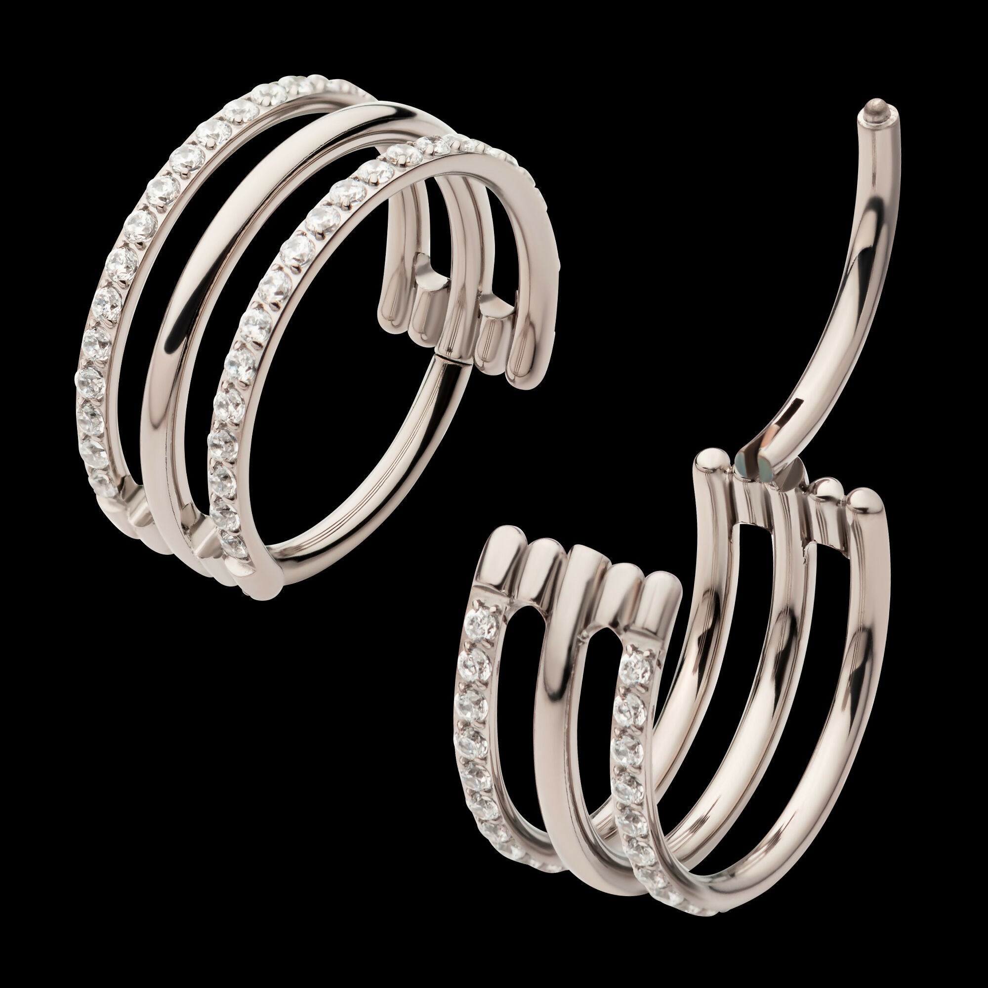 CNC Set Clear CZ in 2 Side Hoops Triple Row Side Facing Hinged Segment Clicker Earring / Nosering – Titanium