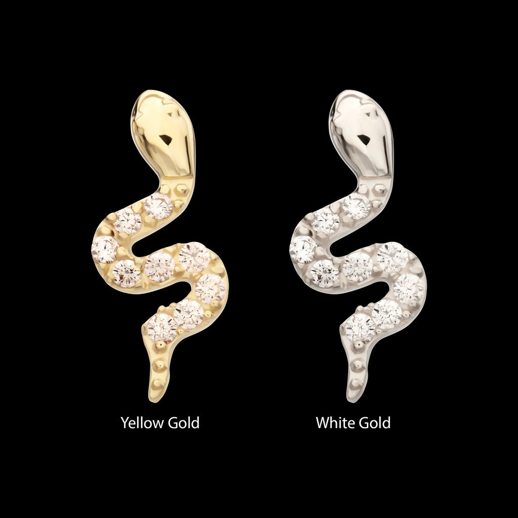 14Kt Gold Threadless Sculptural S-shaped Snake Top with 9 Pave Set Gem