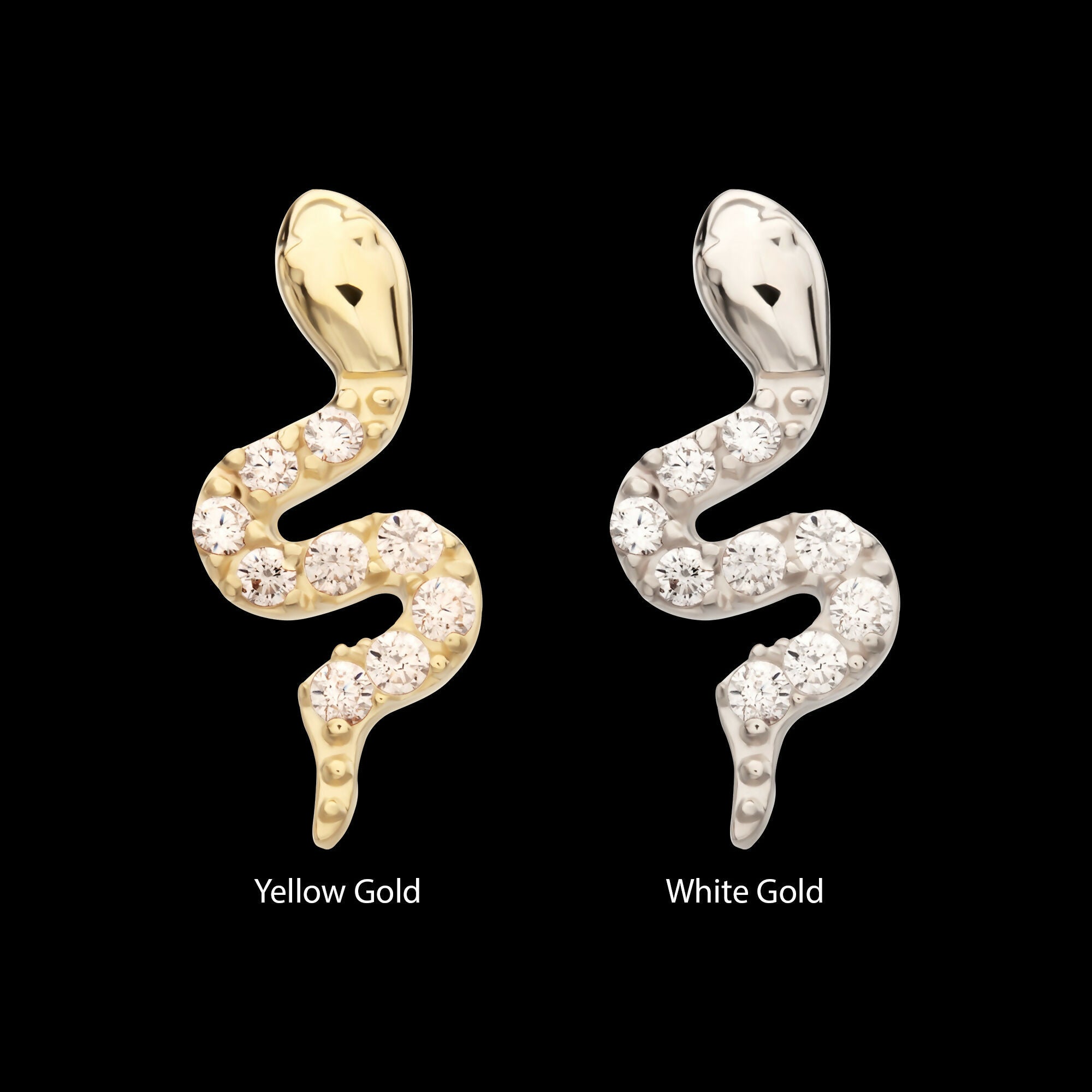 14Kt Gold Threadless Sculptural S-shaped Snake Top with 9 Pave Set Gem