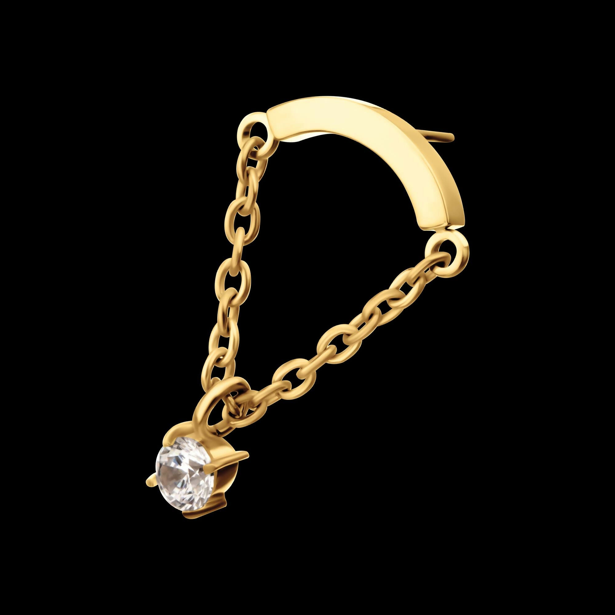 24Kt Gold PVD Titanium Threadless Curved Bar Top with Prong Set Gem Chain Dangle