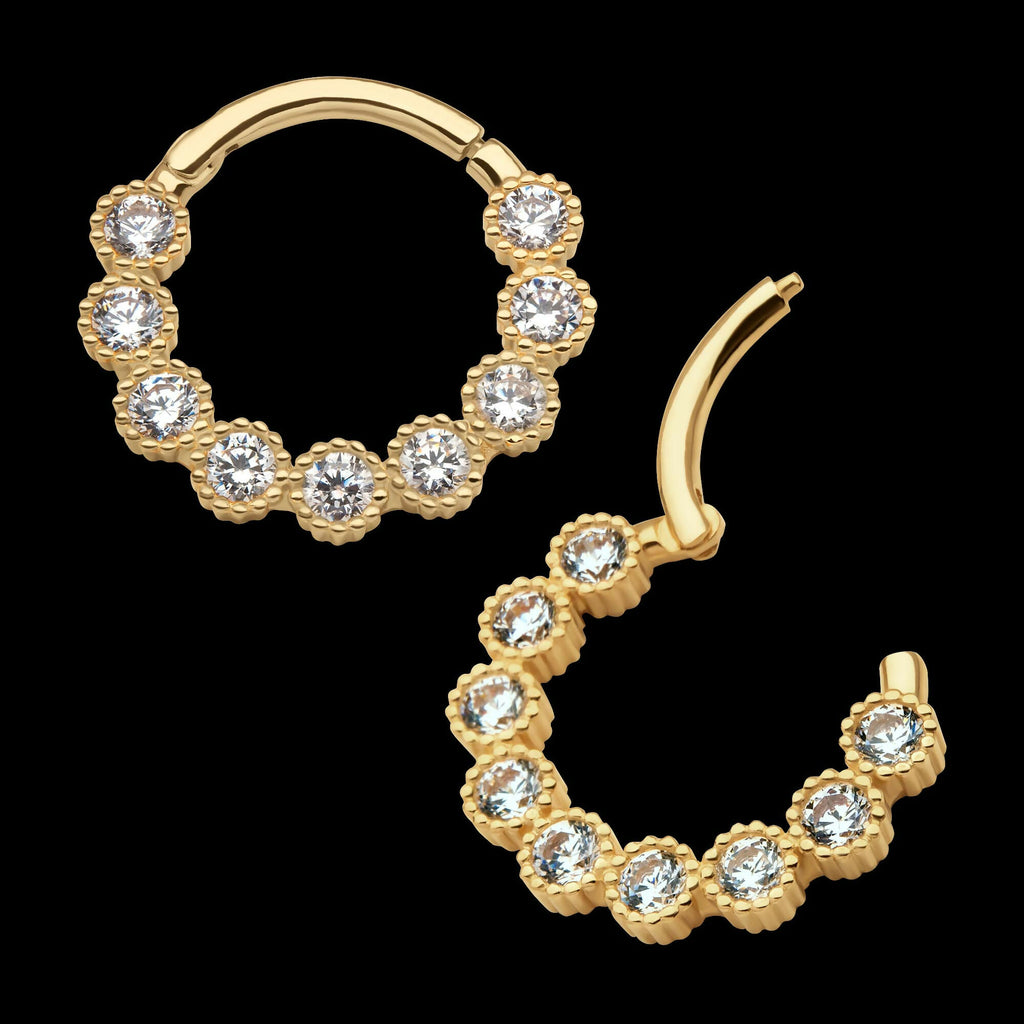 14Kt Yellow Gold with 9-Cluster Bezel Set Clear CZ Beaded Edge Front Facing Hinged Segment Clicker