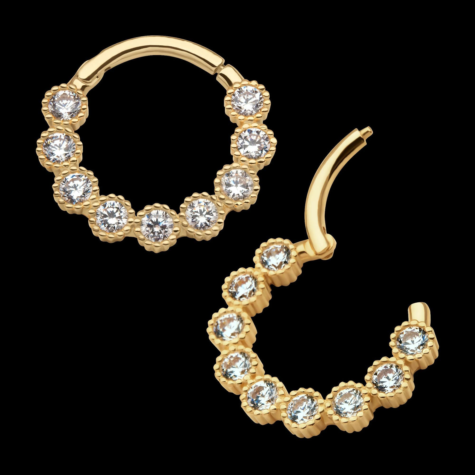 14Kt Yellow Gold with 9-Cluster Bezel Set Clear CZ Beaded Edge Front Facing Hinged Segment Clicker