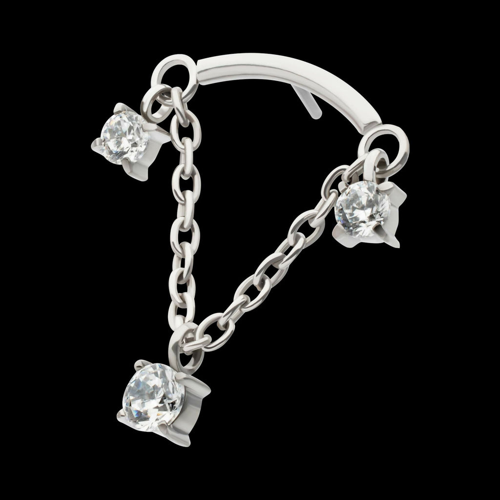 Titanium Threadless Dangle Chain Curved Bar Top with Pronged Trio Round CZ