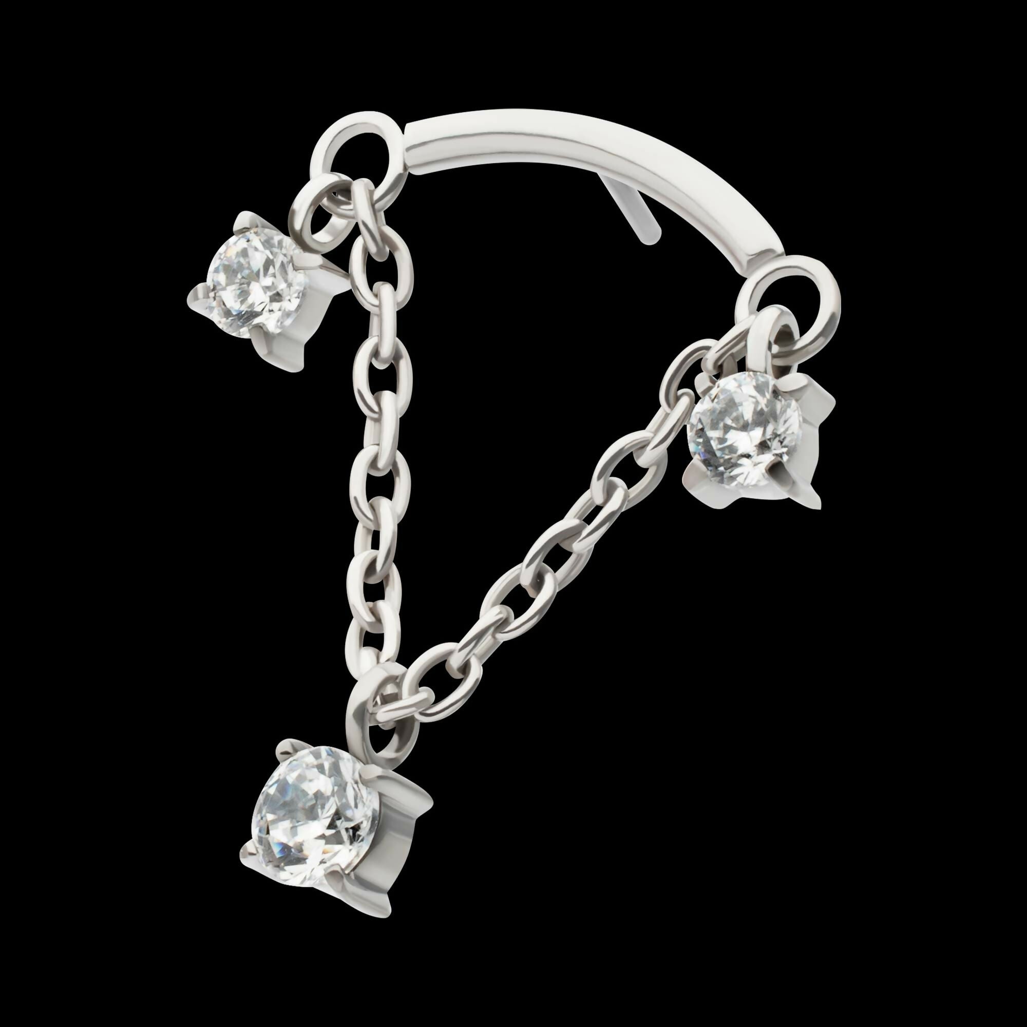 Titanium Threadless Dangle Chain Curved Bar Top with Pronged Trio Round CZ