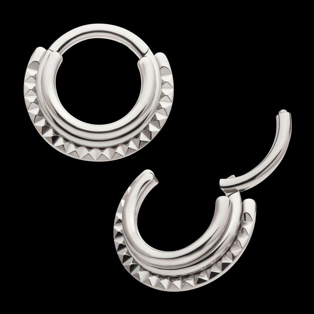 Terraced Triple Stack with Pyramid Stud Front Facing Hinged Segment Clicker Hoop Earring / Nosering – Titanium