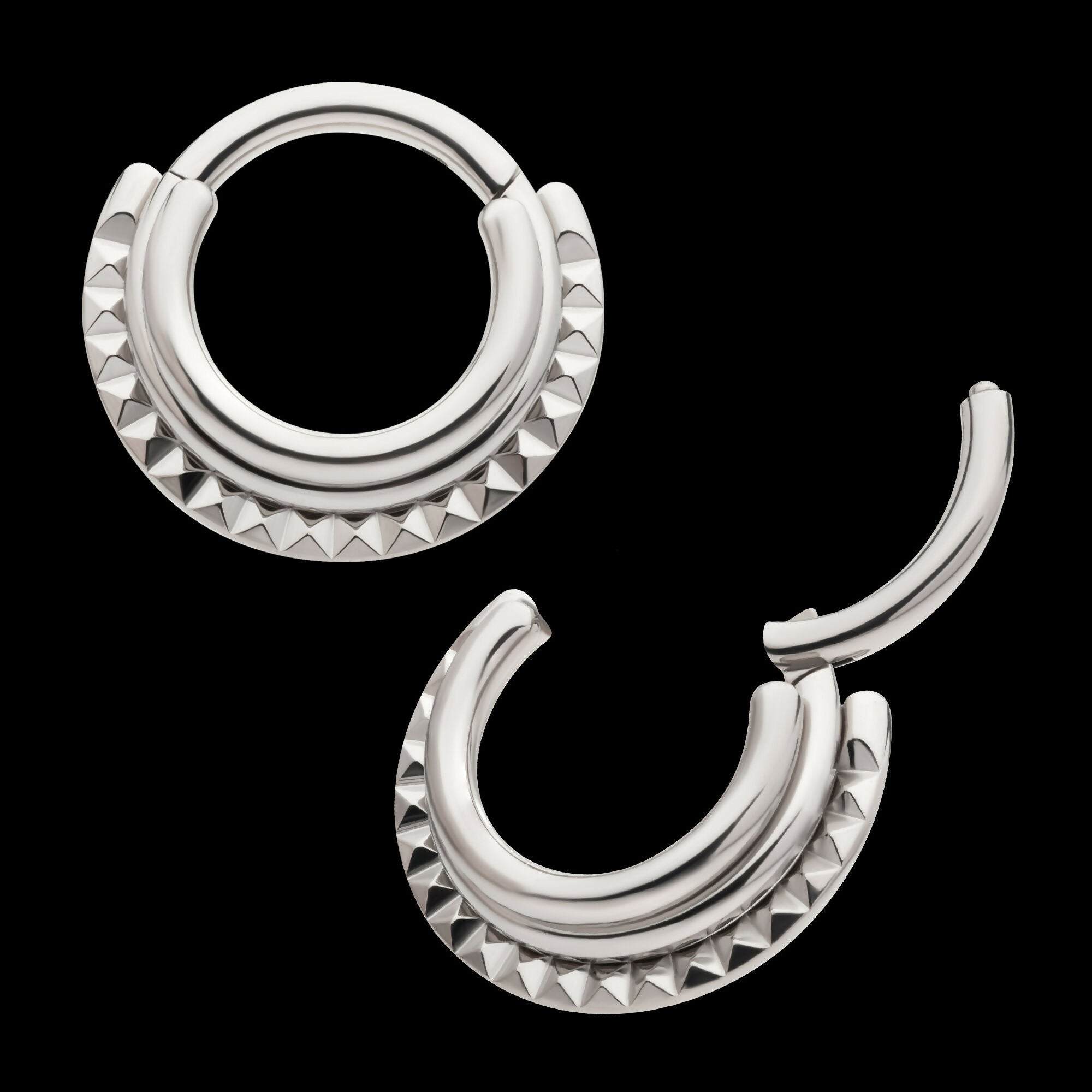 Terraced Triple Stack with Pyramid Stud Front Facing Hinged Segment Clicker Hoop Earring / Nosering – Titanium