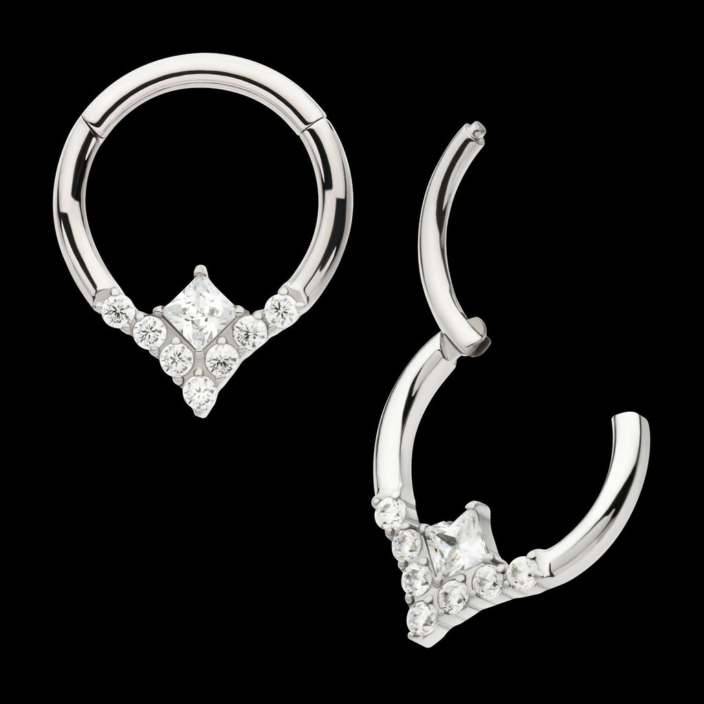 Clustered Prong Set Round CZ with Center Princess Gem Front Facing Hinged Segment Clicker Hoop Earring / Nosering – Titanium