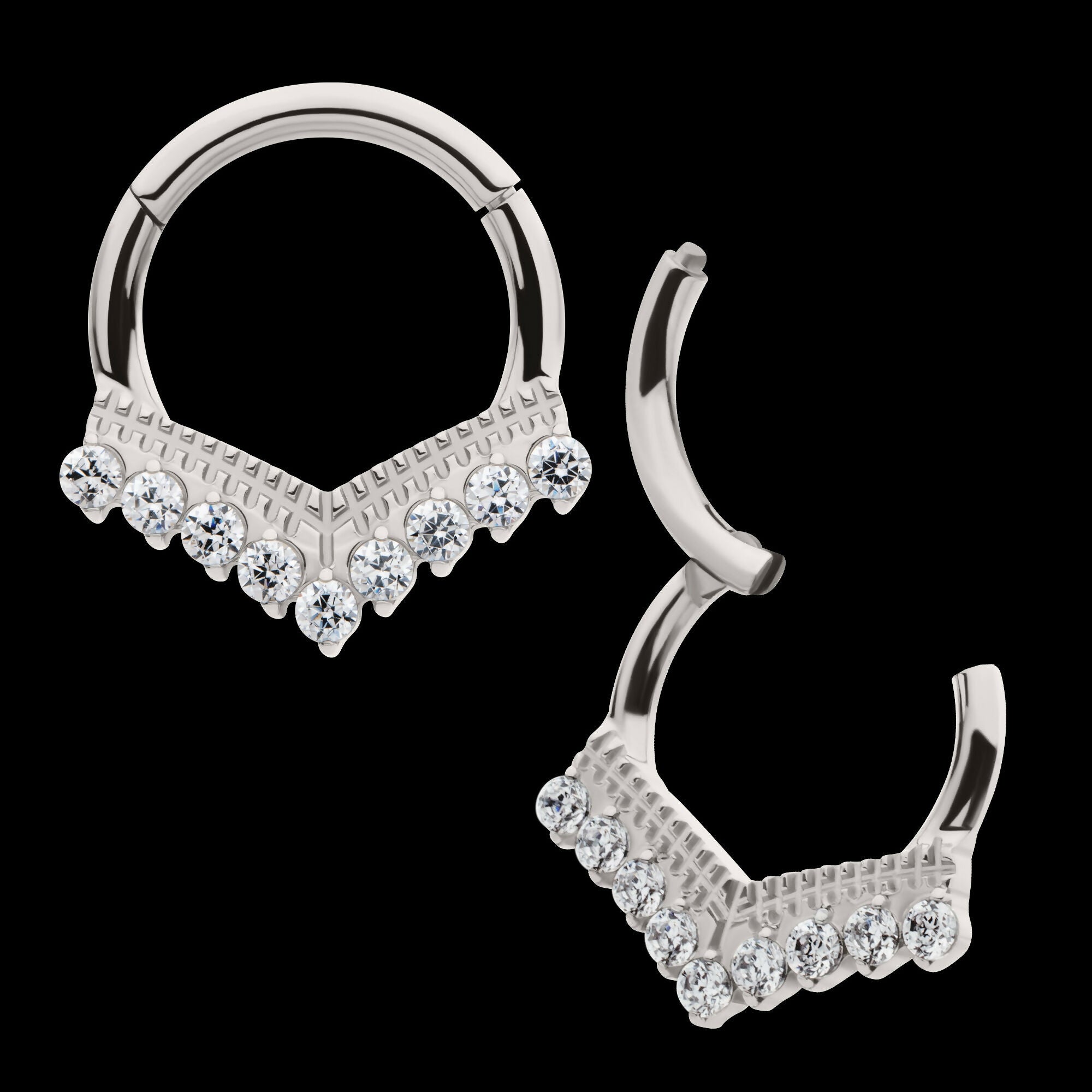 9 Cluster Prong Set Round CZ Chevron Front Facing Hinged Segment Clicker Hoop Earring / Nosering – Titanium