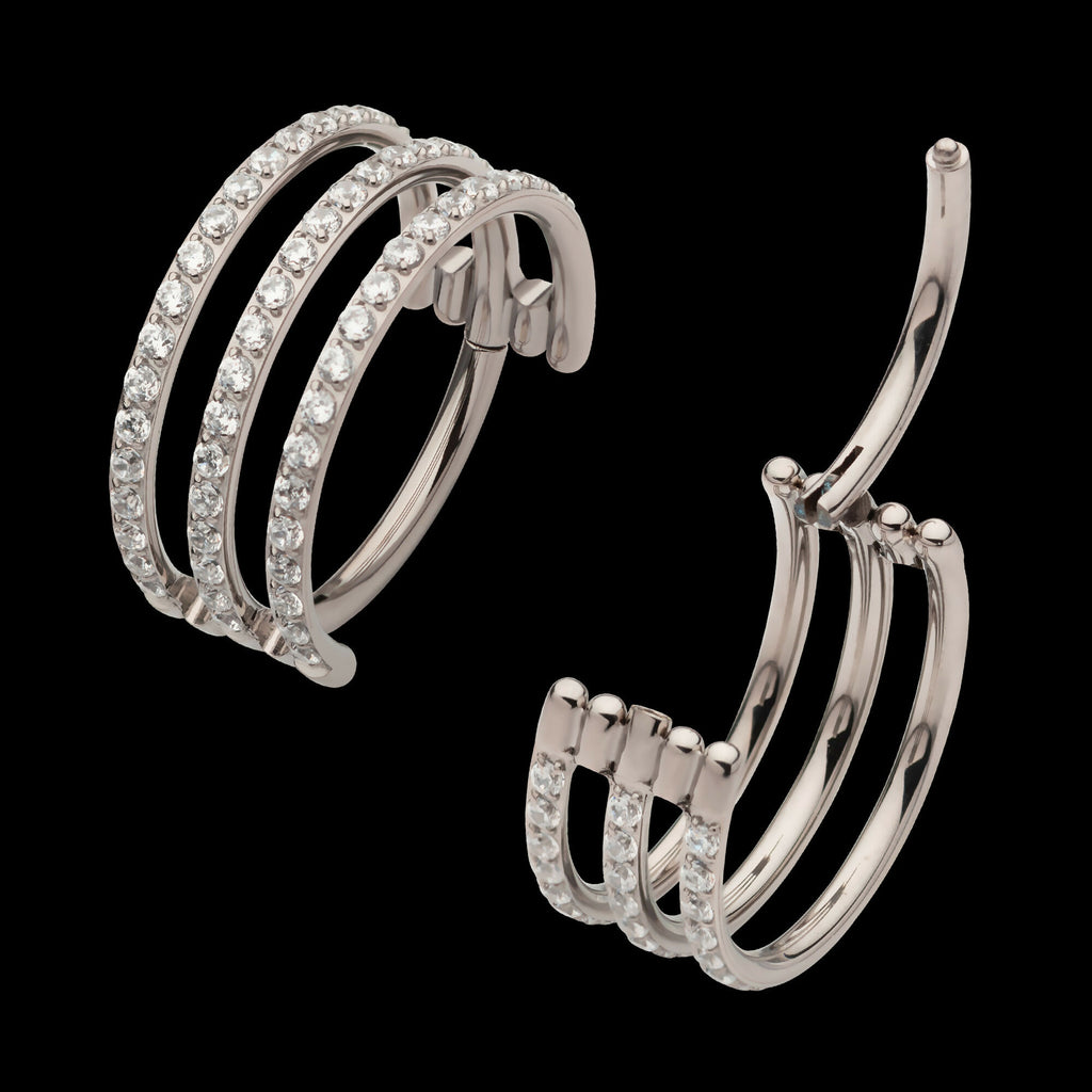 CNC Set Clear CZ Hoops Triple Row Side Facing Hinged Segment Clicker Earring / Nosering – Titanium