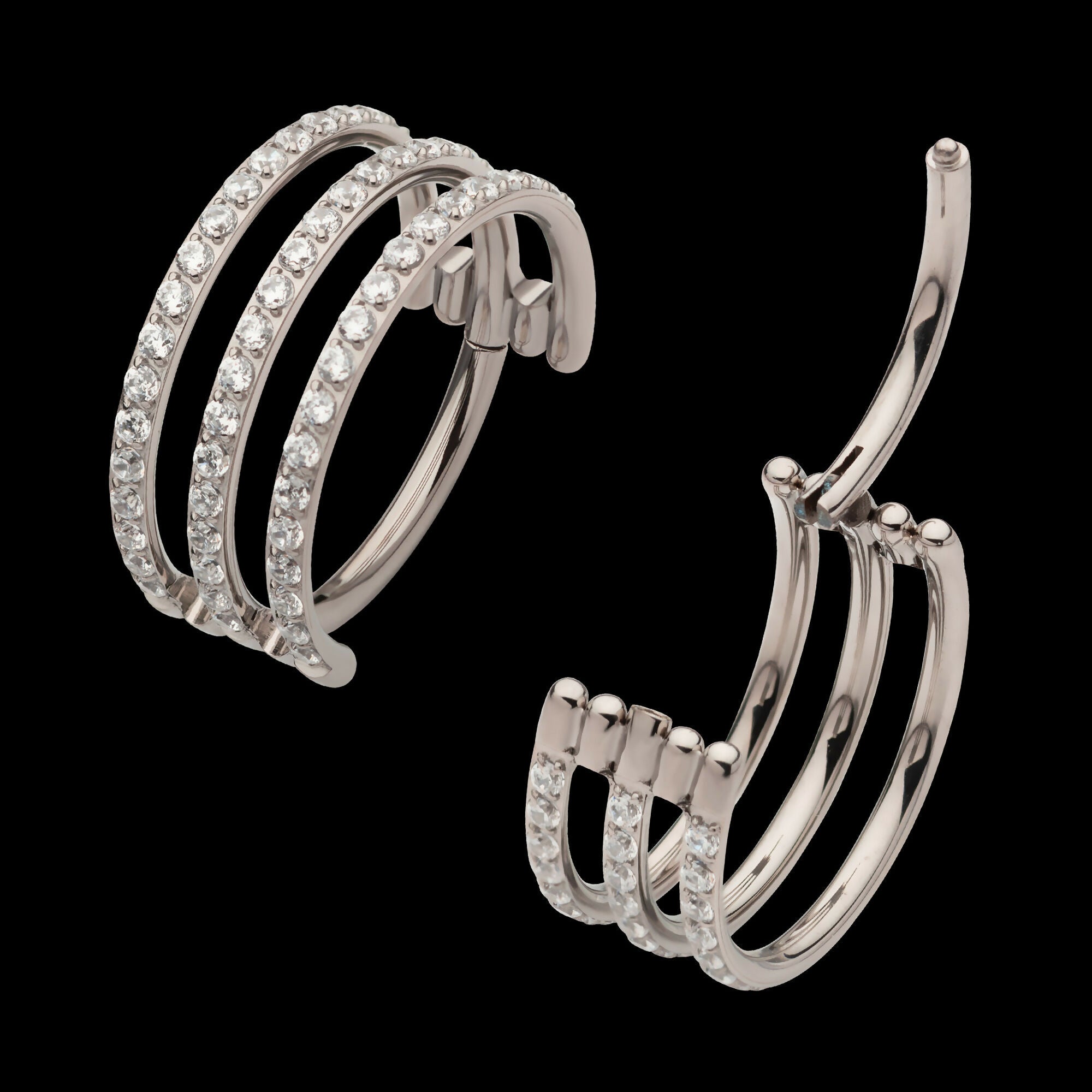 CNC Set Clear CZ Hoops Triple Row Side Facing Hinged Segment Clicker Earring / Nosering – Titanium