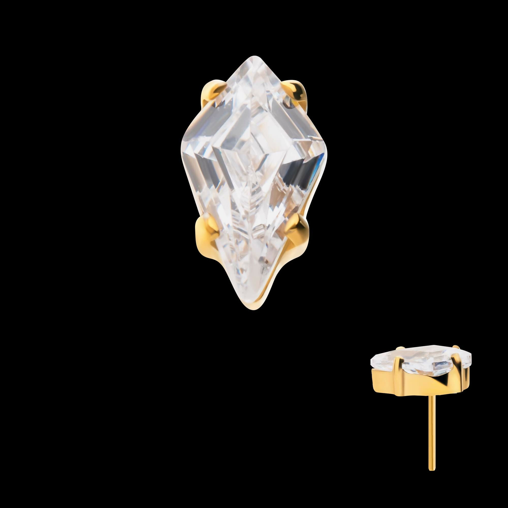 24Kt Gold PVD Titanium Threadless Prong Set Kite Shaped CZ Top