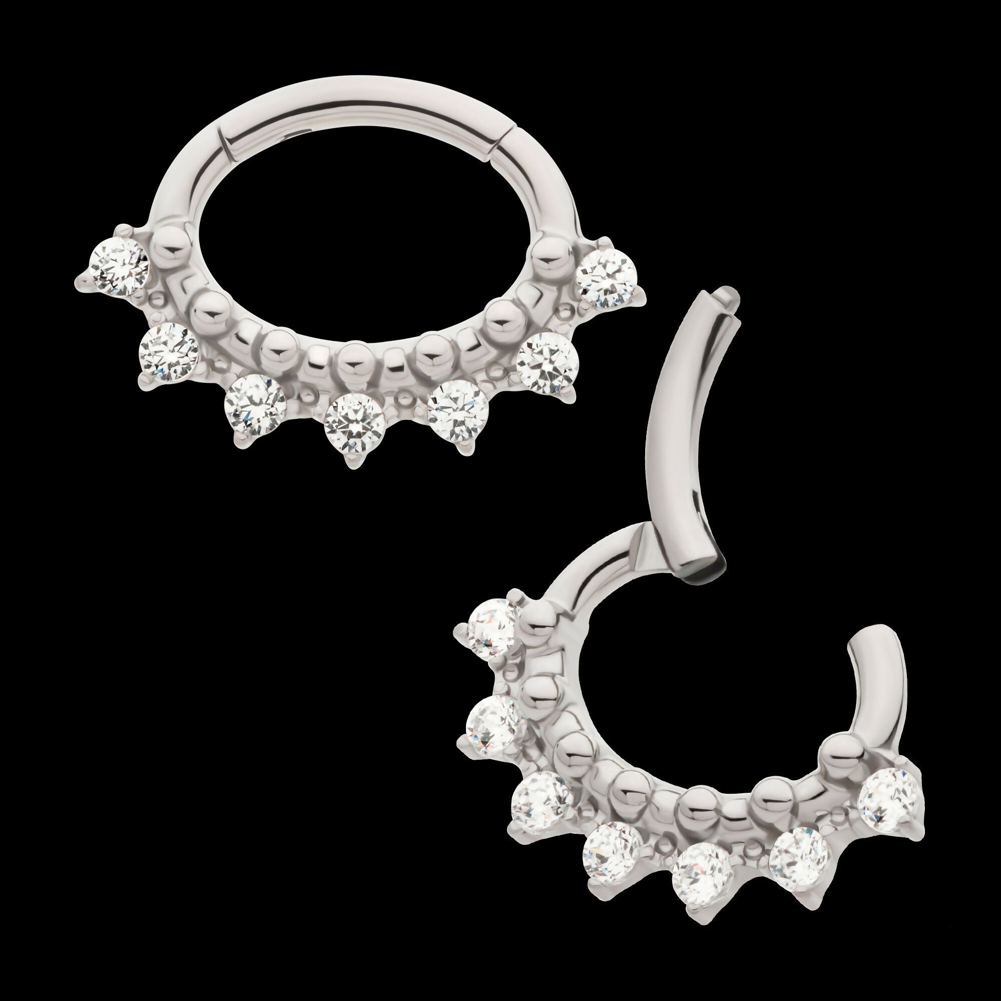 Clustered Prong Set Round CZ & Beads Oval Shape Front Facing Hinged Segment Clicker Hoop Earring / Nosering – Titanium