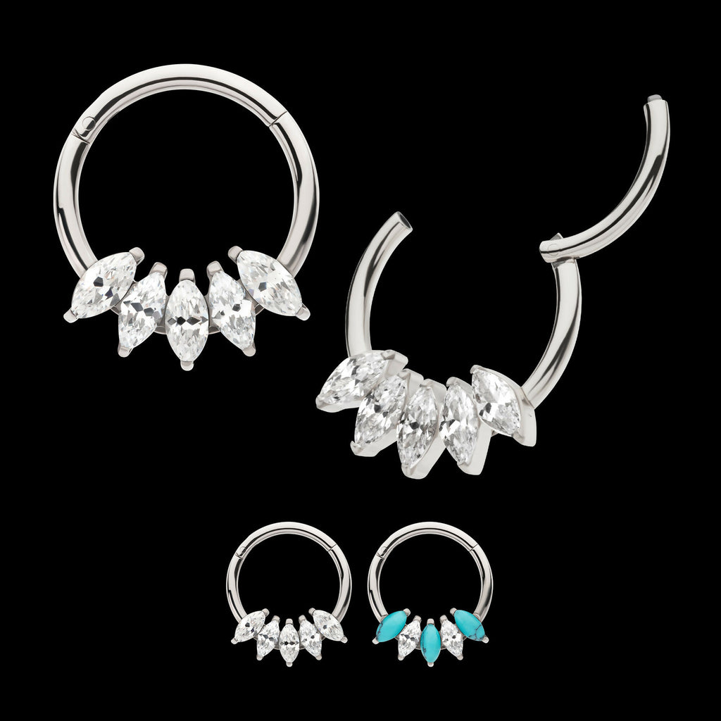 5-Cluster Marquise CZ/Stone Front Facing Hinged Segment Clicker Hoop Earring / Nosering – Titanium