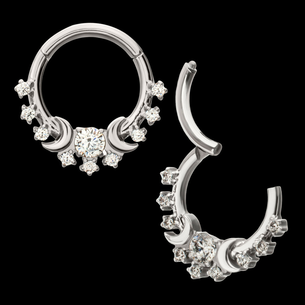 Triple Moon Phase with Prong Set Gem Cluster Front Facing Hinged Segment Clicker Hoop Earring / Nosering – Titanium