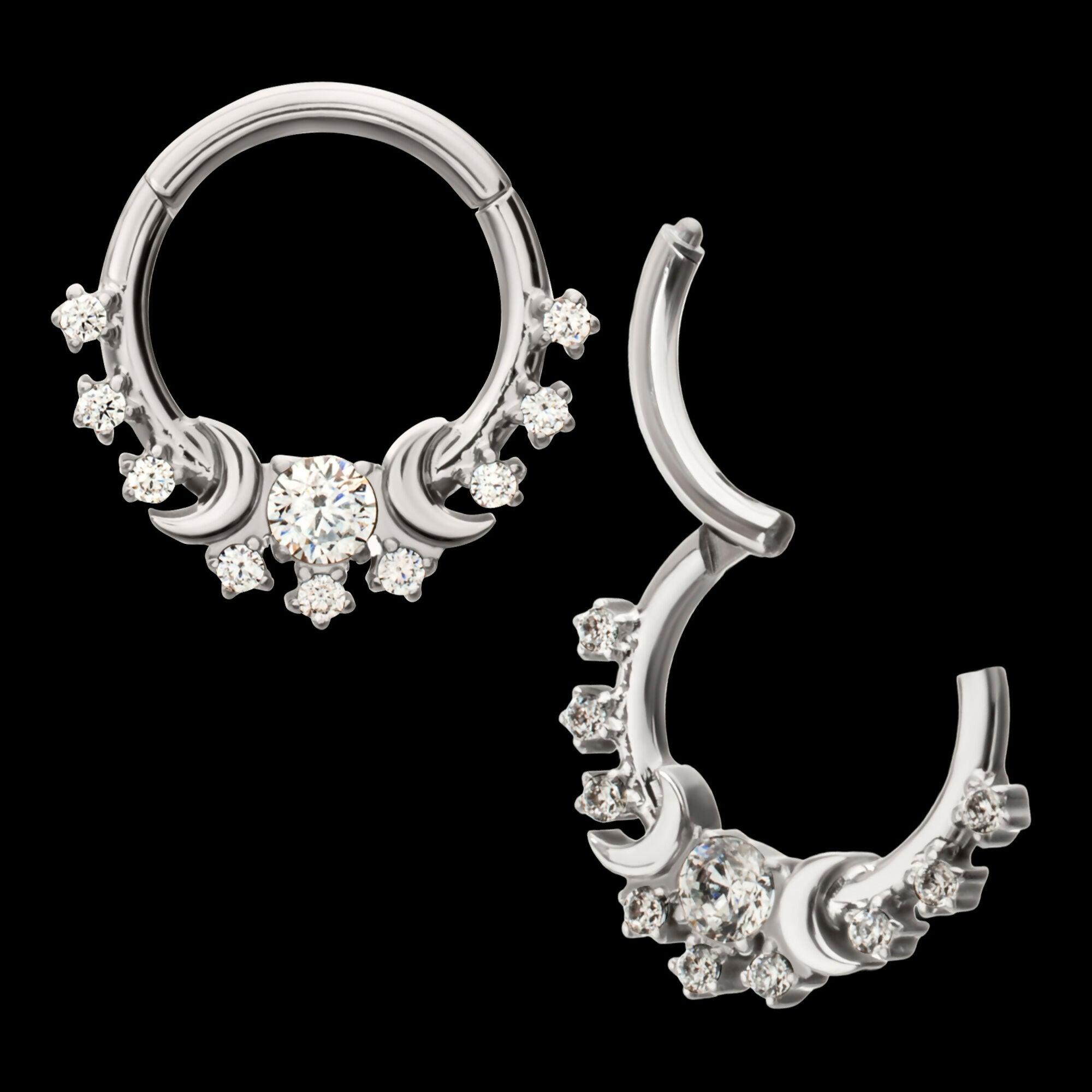 Triple Moon Phase with Prong Set Gem Cluster Front Facing Hinged Segment Clicker Hoop Earring / Nosering – Titanium