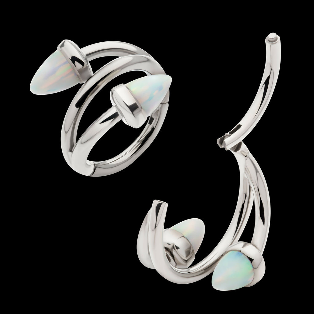 Double Ended Twist Side Facing Hinged Segment Clicker with Spike White Opal Hoop Earring / Nosering – Titanium