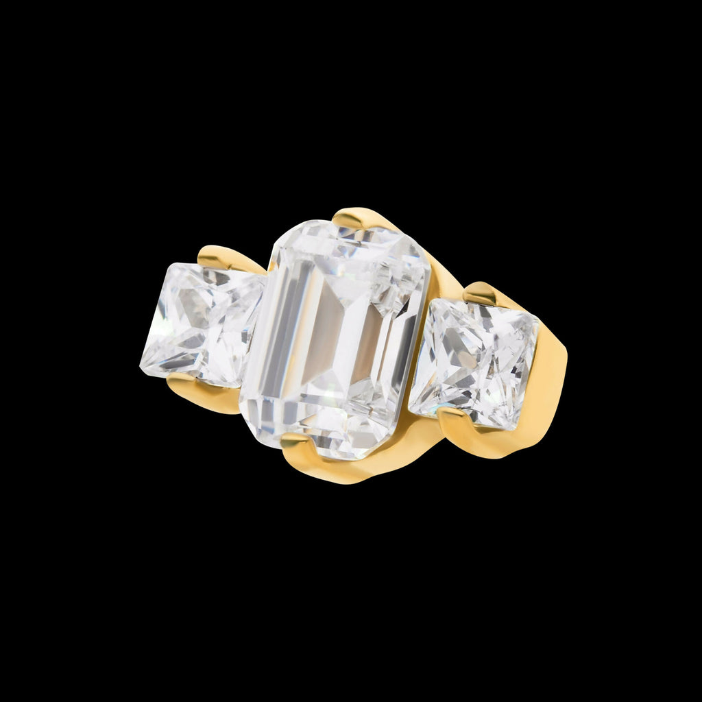 24Kt Gold PVD Titanium Threadless Prong Set Emerald Cut & Princess Gem 3-Cluster Top