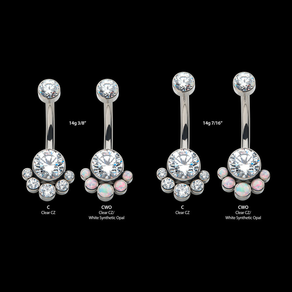 Internally Threaded with 5 Bezel Set Round CZ/Synthetic Opal Terraced Cluster Fixed Navel Earring / Nosering – Titanium