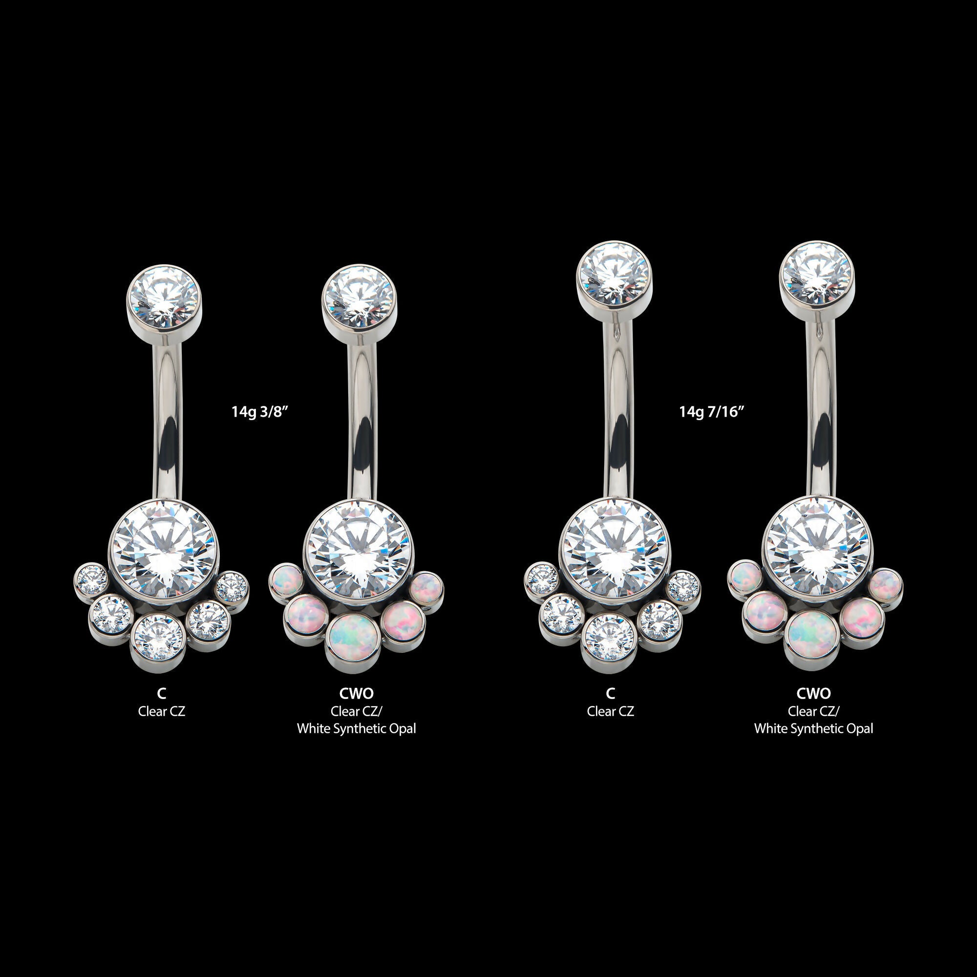 Internally Threaded with 5 Bezel Set Round CZ/Synthetic Opal Terraced Cluster Fixed Navel Earring / Nosering – Titanium