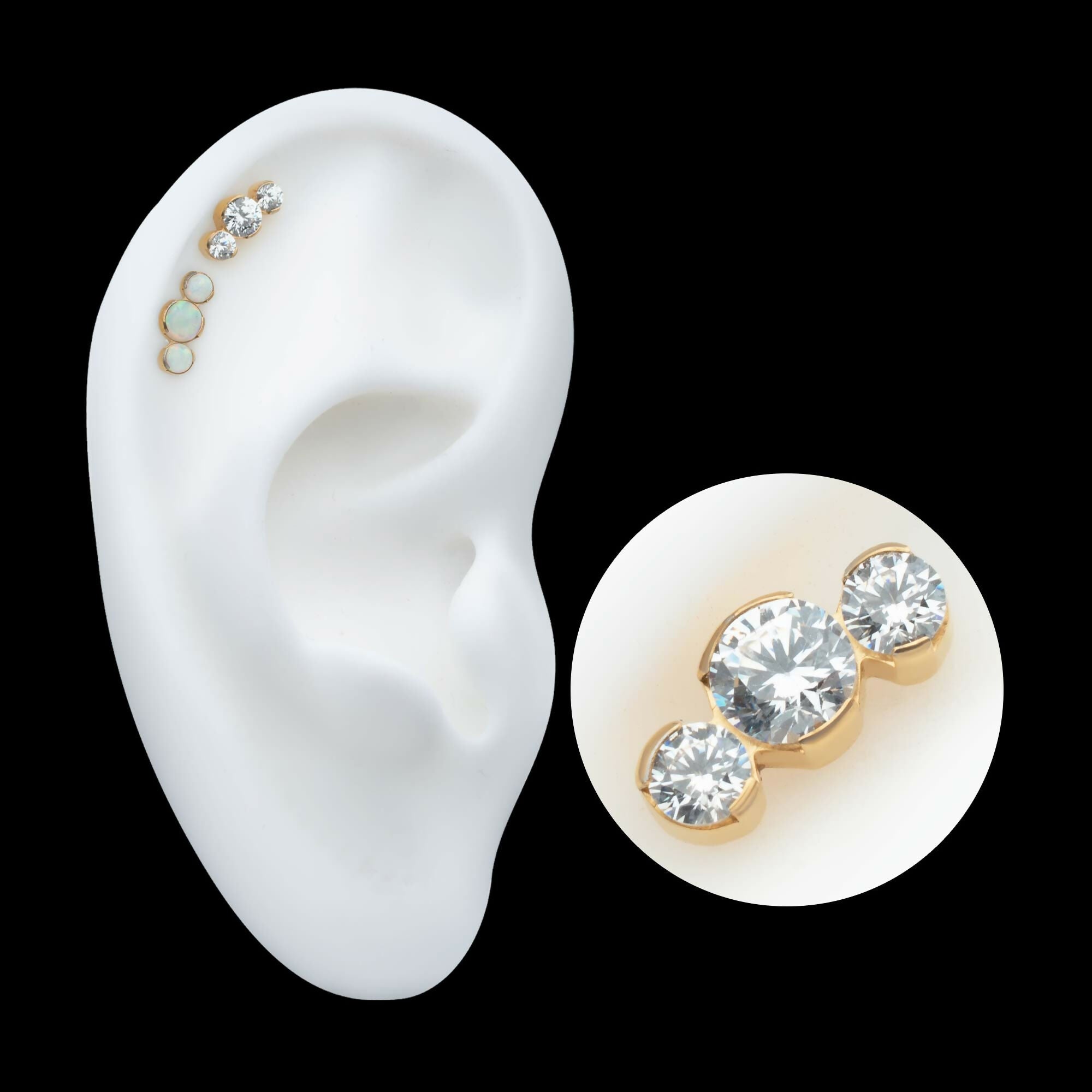 24Kt Gold PVD Titanium Threadless Semi-Bezel Set Round Gem/Opal 3-Cluster Top