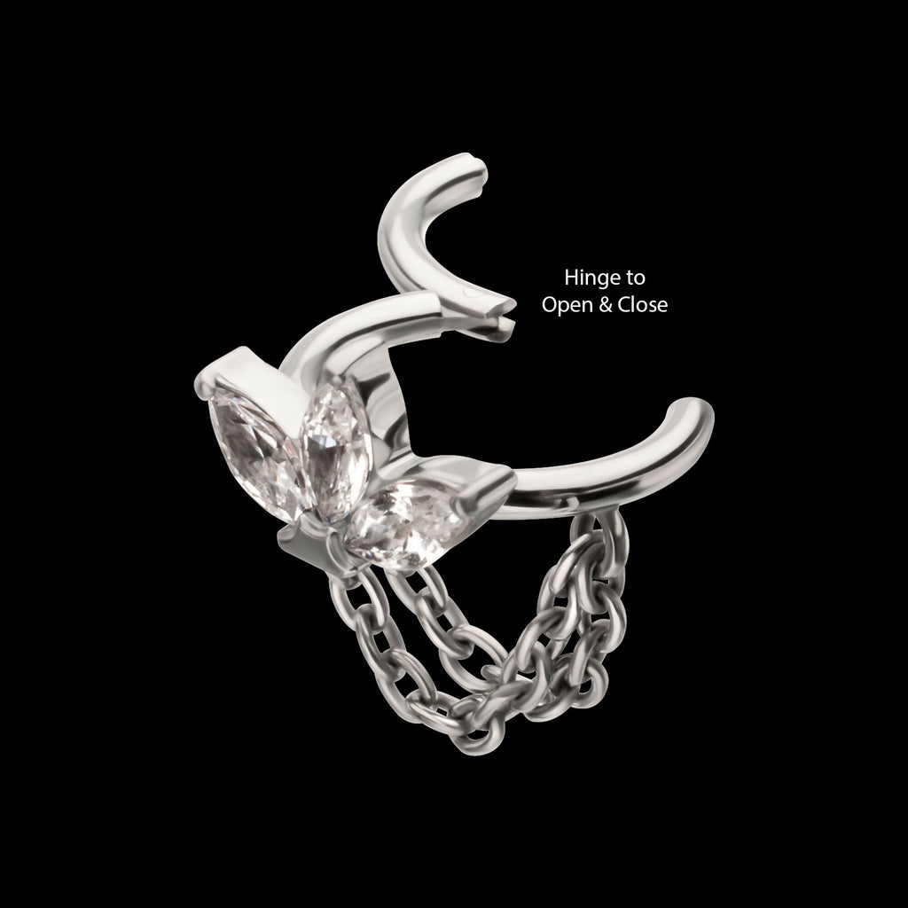 Triple Marquise Gem Cluster Hoop with 2-Tier Chain Dangle Hinged Segment Clicker Earring / Nosering – Titanium