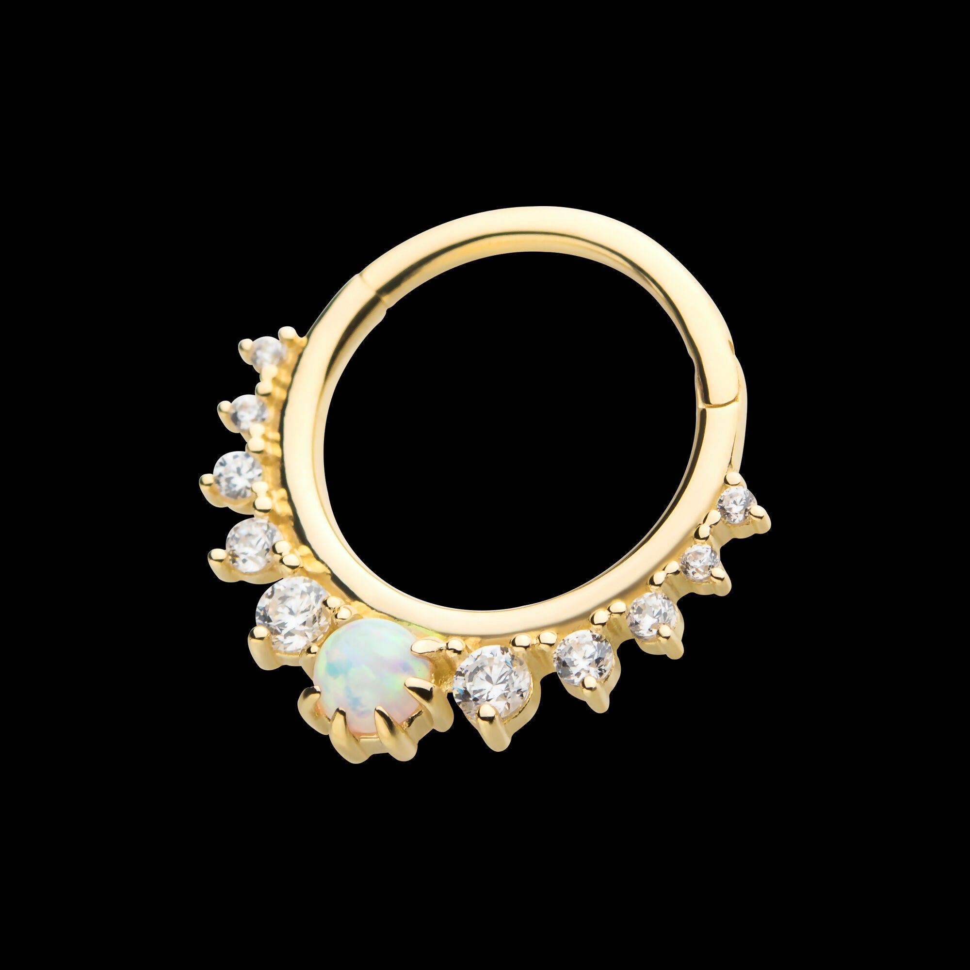 Prong Set Gem Cluster with 3mm White Opal Front Facing Hinged Segment Clicker Hoop Earring / Nosering – 14Kt Gold
