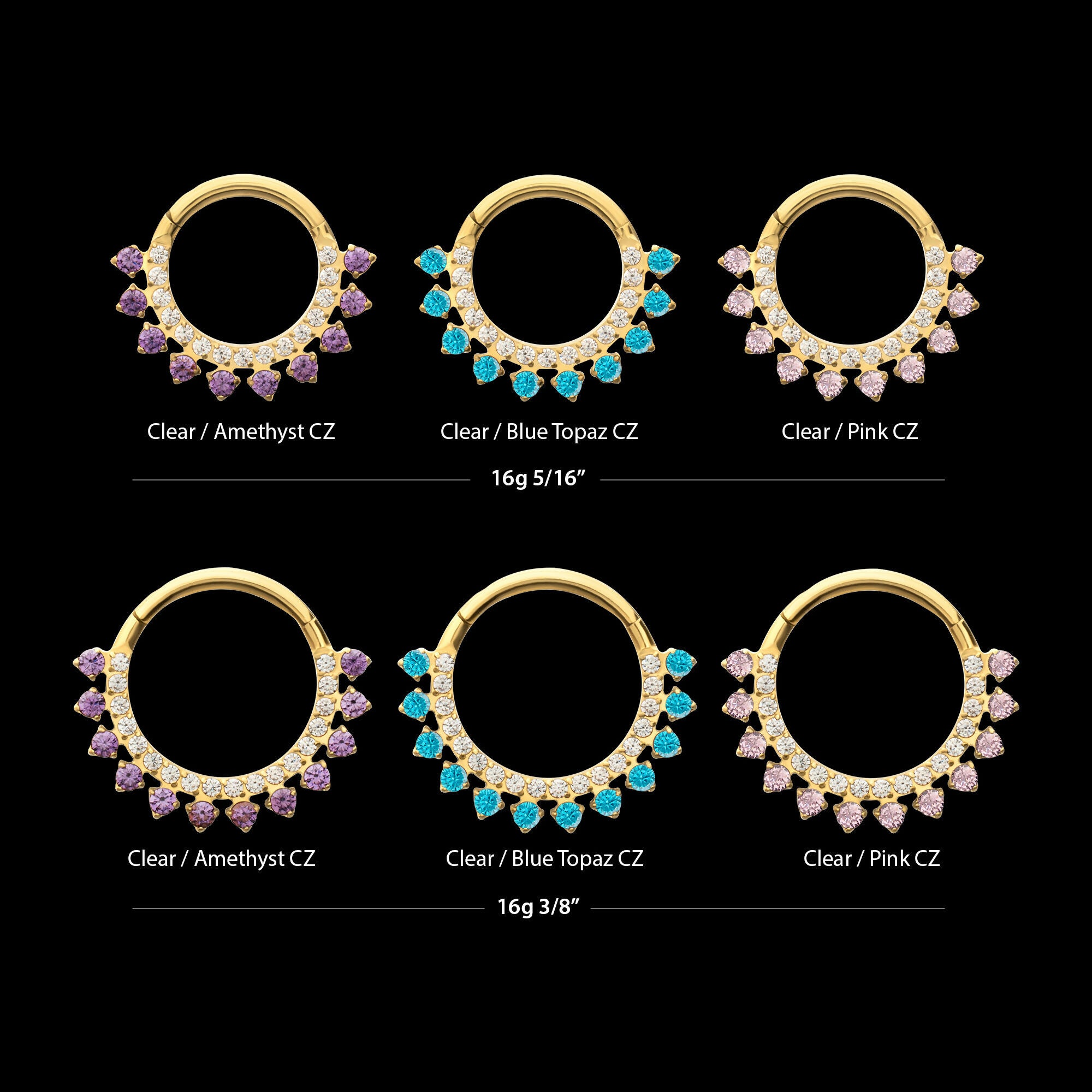 24Kt Gold PVD Titanium Double Row CZ Multi-Gem with Clear CNC Set Inner Gem Front Facing Hinged Segment Clicker Hoop Earring / Nosering