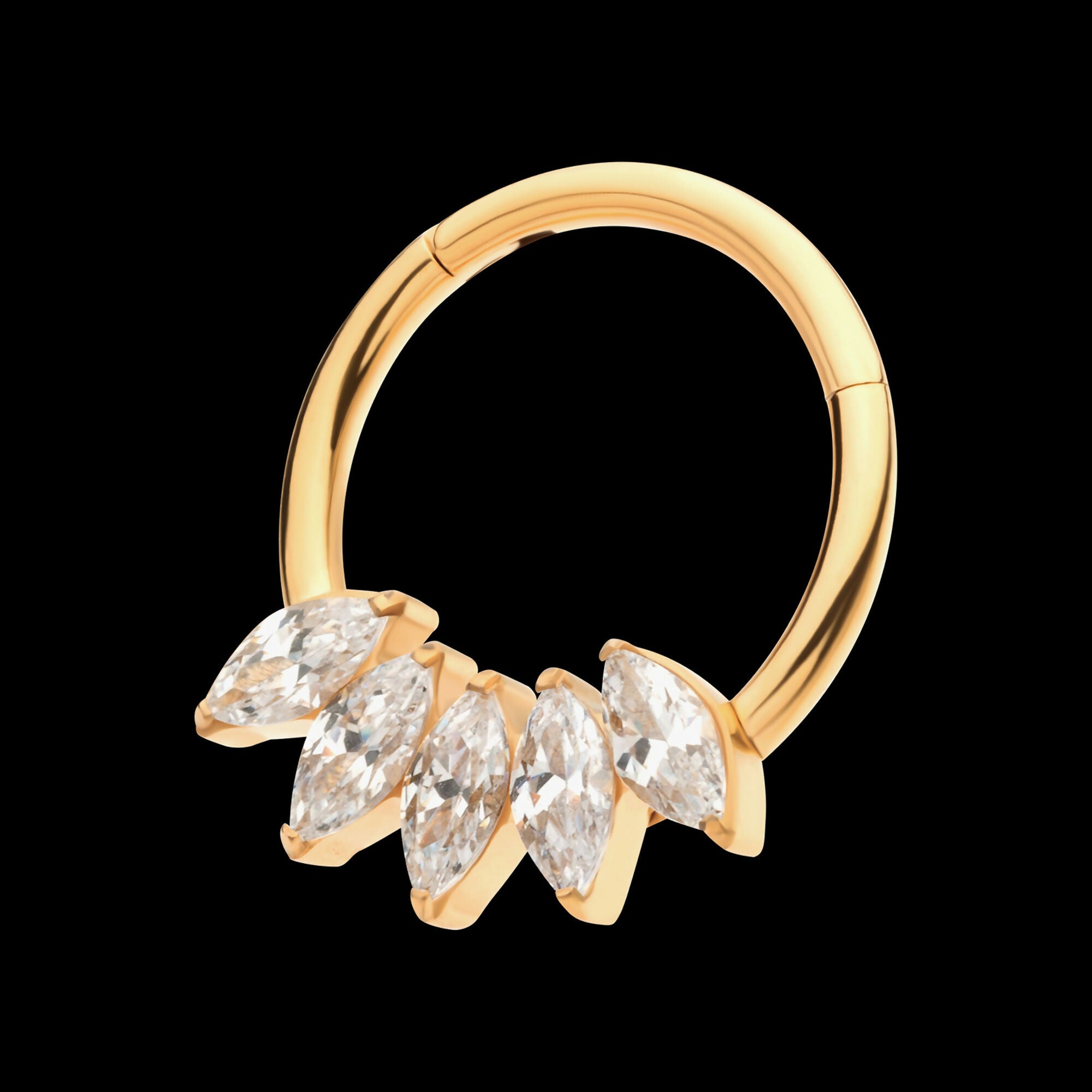 24Kt Gold PVD Titanium 5-Cluster Marquise CZ Front Facing Hinged Segment Clicker Hoop Earring / Nosering
