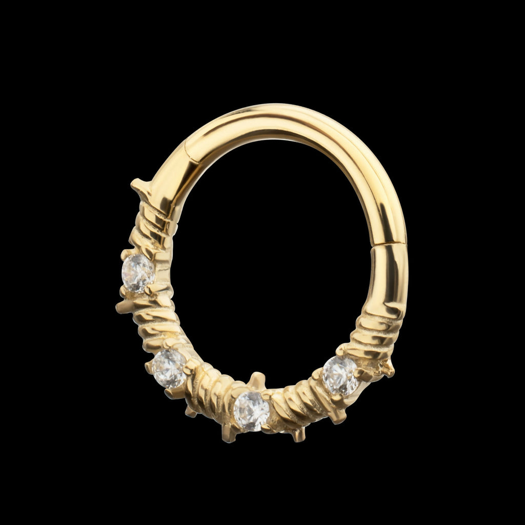 Barbed Wire Wrap with Prong Set Gem Front Facing Hinged Segment Clicker Hoop Earring / Nosering – 14Kt Yellow Gold