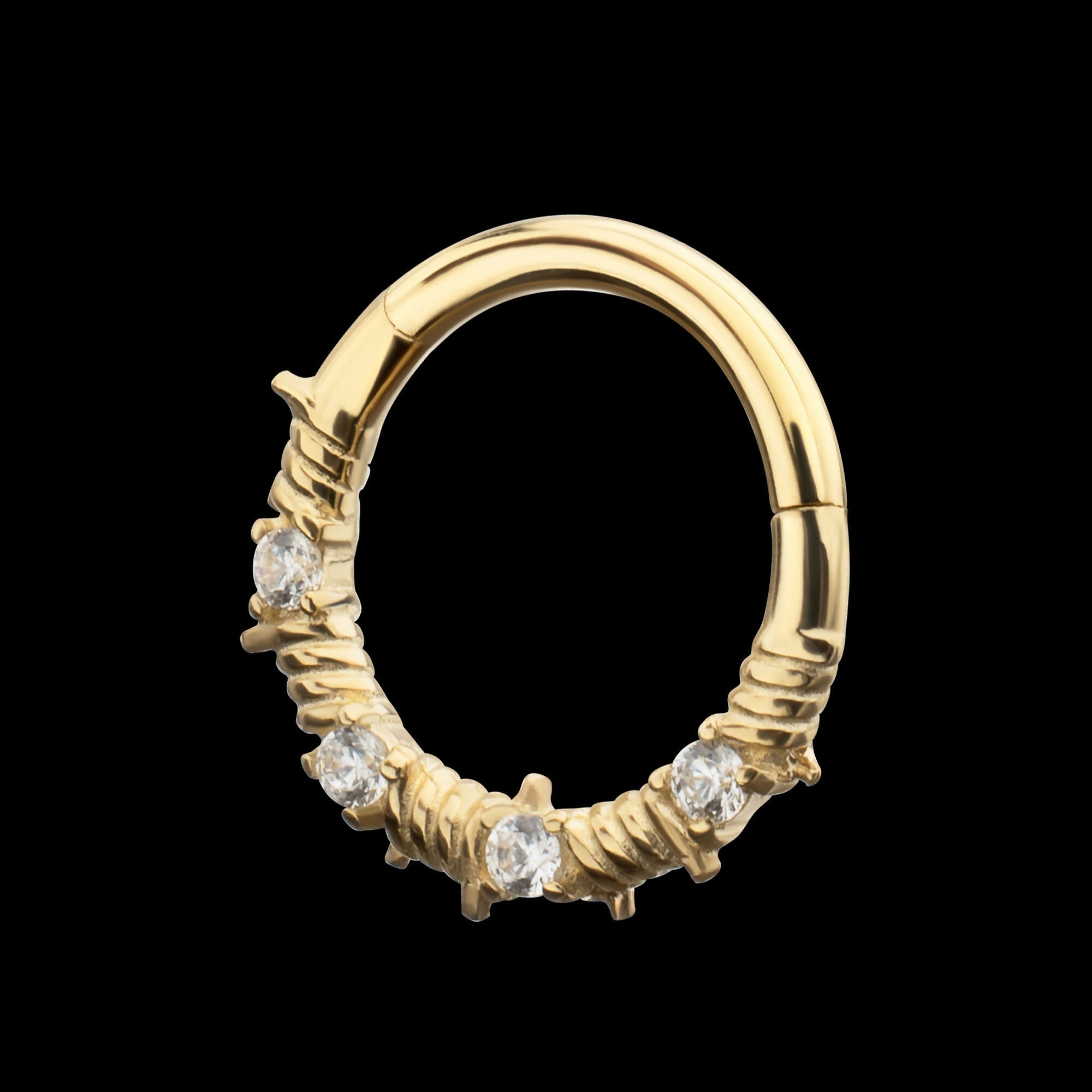 Barbed Wire Wrap with Prong Set Gem Front Facing Hinged Segment Clicker Hoop Earring / Nosering – 14Kt Yellow Gold
