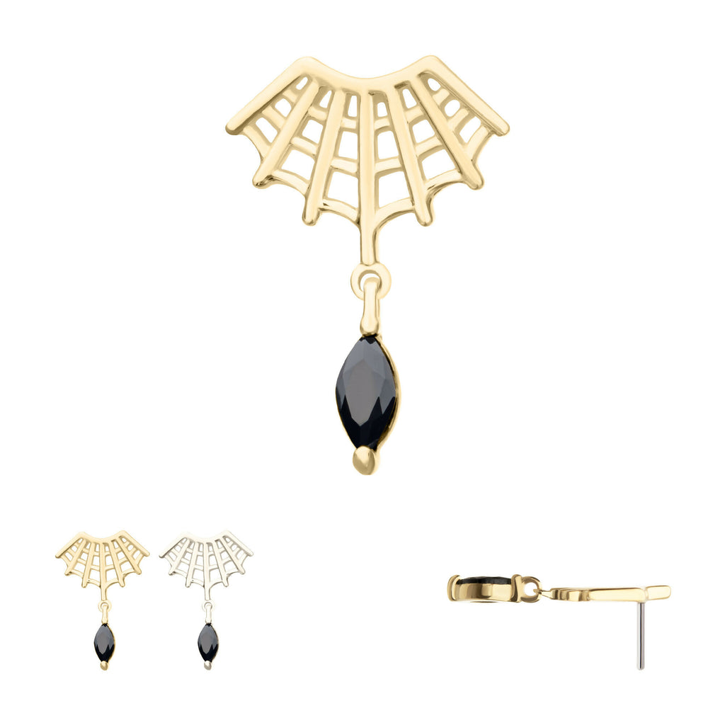 Fan Shape Spiderweb with Black Marquise Gem Dangle Flatback Stud Earring / Nosering - Gem in 14Kt Gold