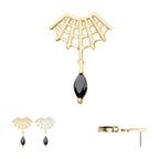 Fan Shape Spiderweb with Black Marquise Gem Dangle Flatback Stud Earring / Nosering - Gem in 14Kt Gold