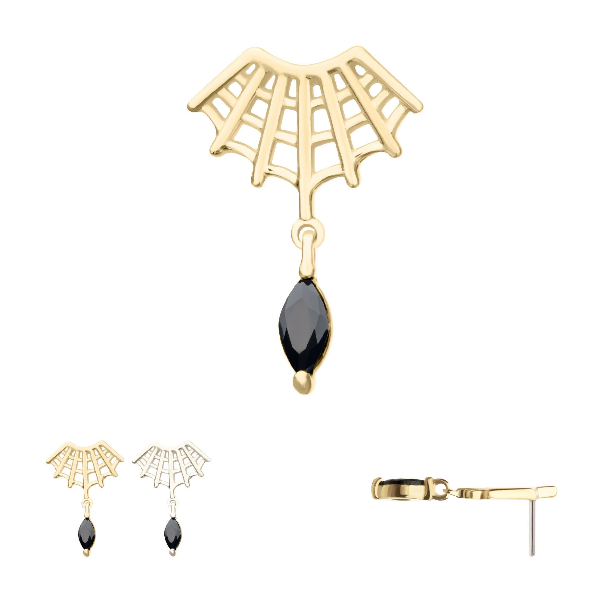 Fan Shape Spiderweb with Black Marquise Gem Dangle Flatback Stud Earring / Nosering - Gem in 14Kt Gold