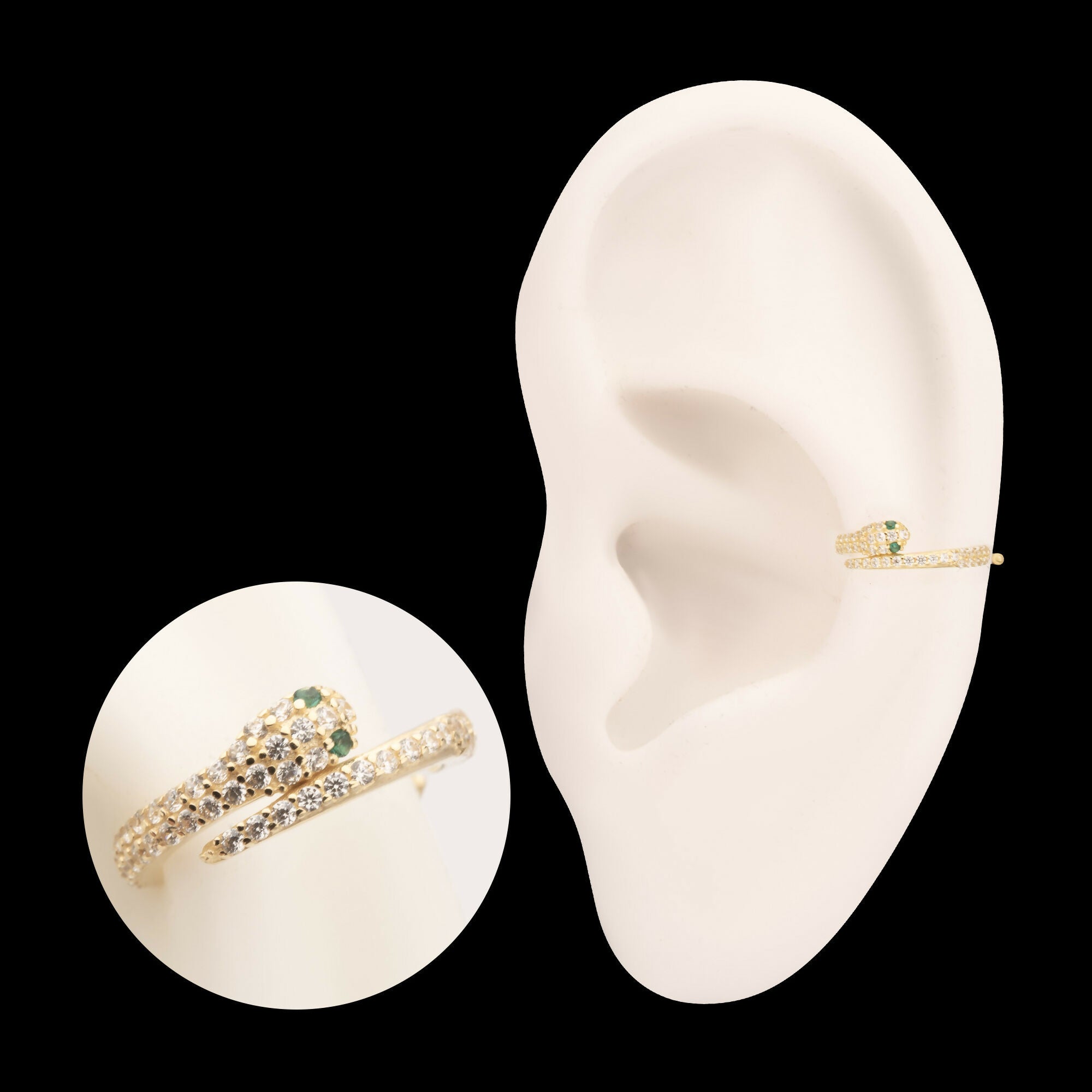 Pave Gem with Emerald-Eye Snake Side Facing Hinged Segment Clicker Hoop Earring / Nosering – 14Kt Yellow Gold
