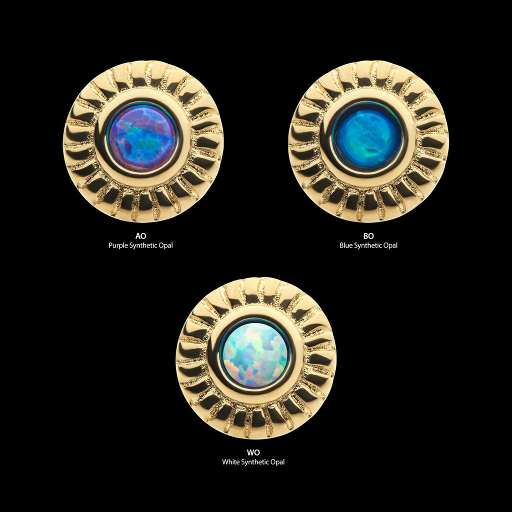 14Kt Yellow Gold Threadless with Bezel Set Synthetic Opal Fine Line Scalloped Edge Top
