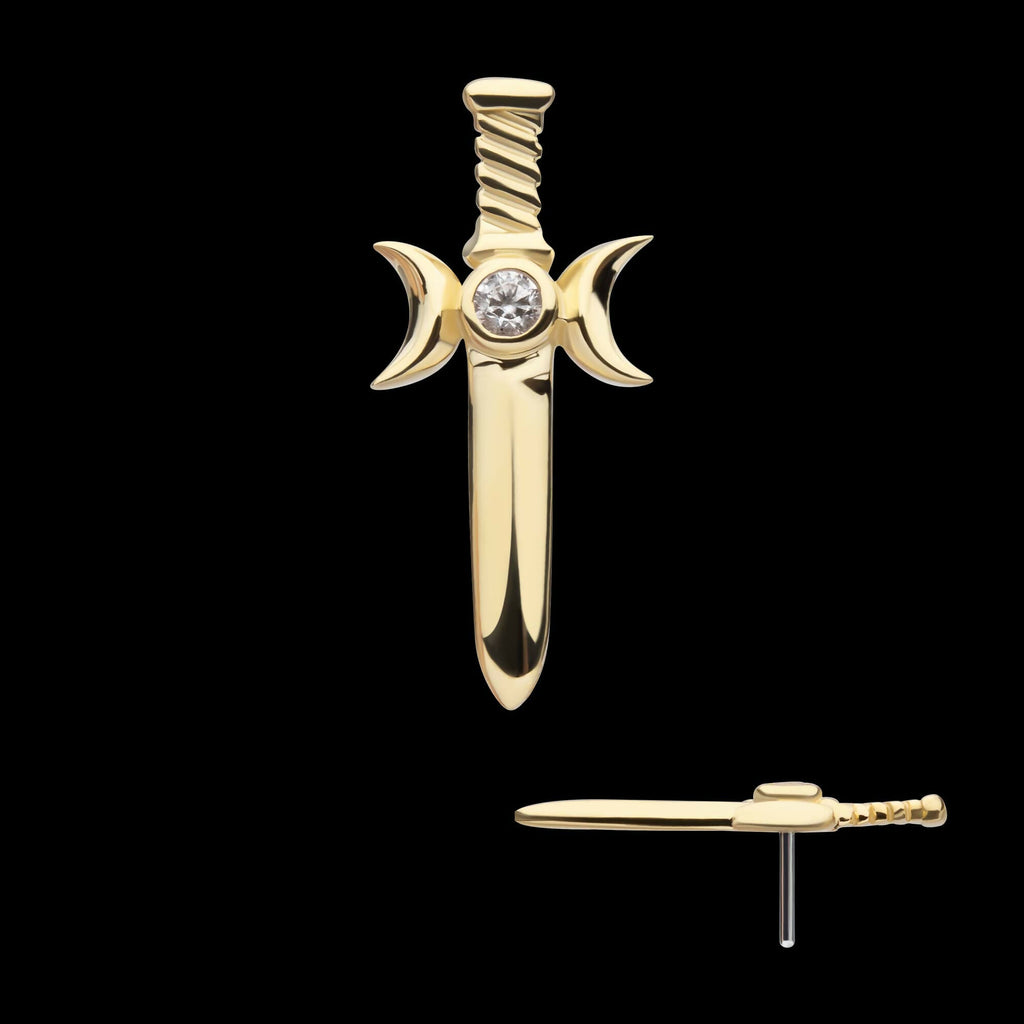 14Kt Yellow Gold Threadless Bezel Set Round CZ Triple Moon Phase Dagger Top
