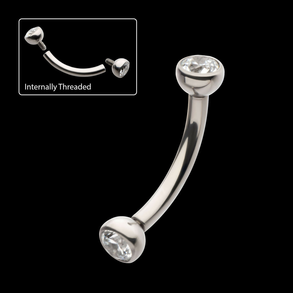Internally Threaded Double Bezel Gem End Curved Barbell Earring / Nosering – Titanium
